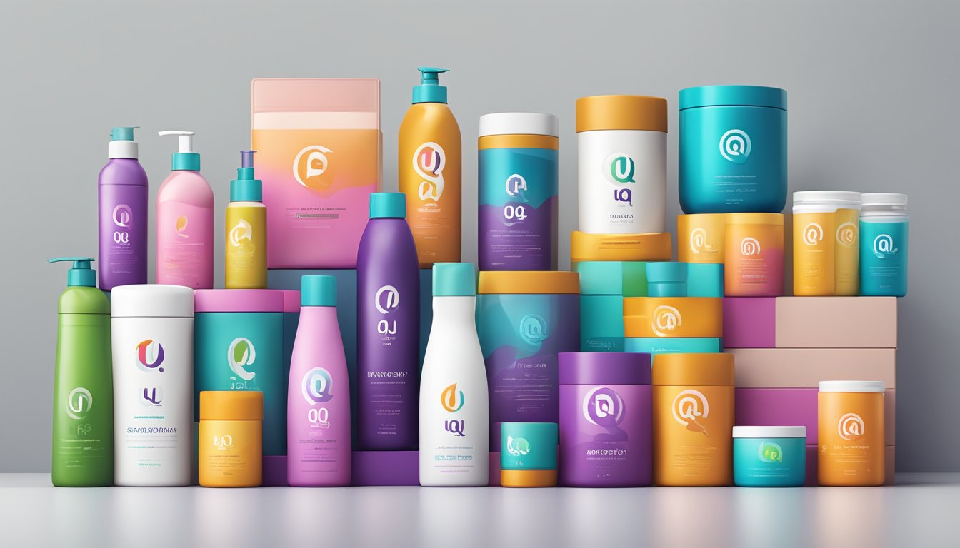 A colorful array of products with the "uq" brand logo displayed on sleek packaging, arranged neatly on a modern, minimalist shelf