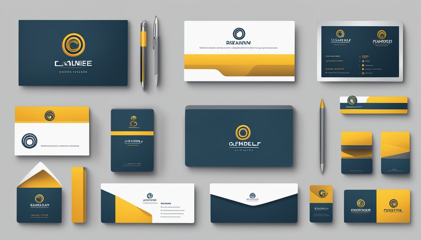 A sleek, modern logo displayed on various applications such as business cards, letterheads, and digital screens, all following a consistent color palette and typography