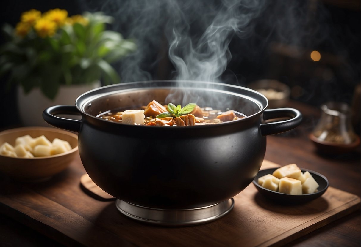 A large pot simmers with soy sauce, ginger, and star anise, infusing the air with rich, savory aromas. Red-braised pork and tofu bob gently in the fragrant liquid