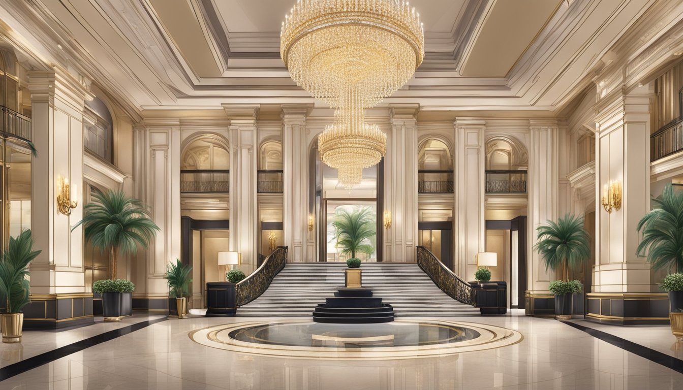 A grand lobby with opulent decor, cascading chandeliers, and marble floors. A concierge desk and plush seating areas exude elegance
