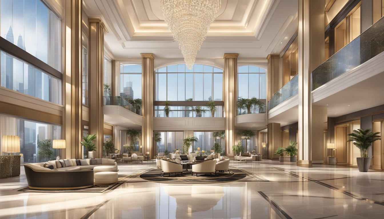 A grand lobby with modern architecture, lavish furnishings, and cutting-edge technology. Opulent amenities and personalized services cater to the elite clientele