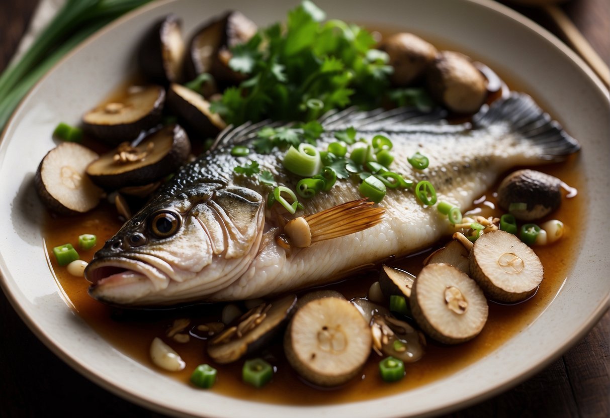 A whole sea bass simmers in a rich, aromatic Chinese braising liquid, surrounded by slices of ginger, green onions, and shiitake mushrooms