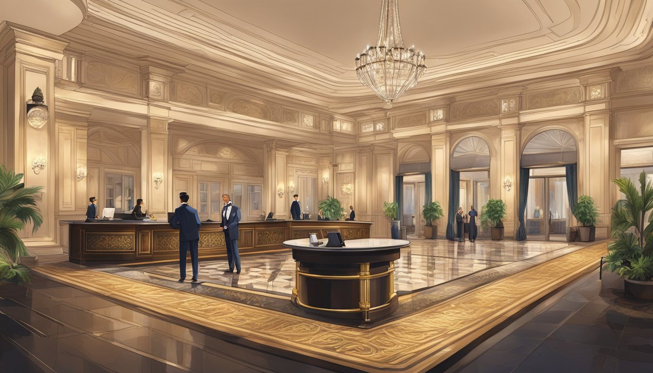 A grand hotel lobby filled with opulent decor and elegant furnishings. A concierge desk stands at the center, surrounded by guests enjoying the luxurious ambiance