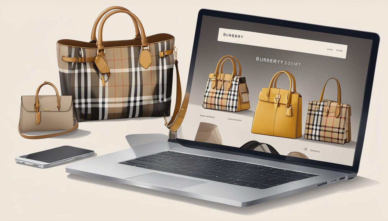 A computer screen displaying a website with various Burberry bags available for purchase, with a secure online checkout process