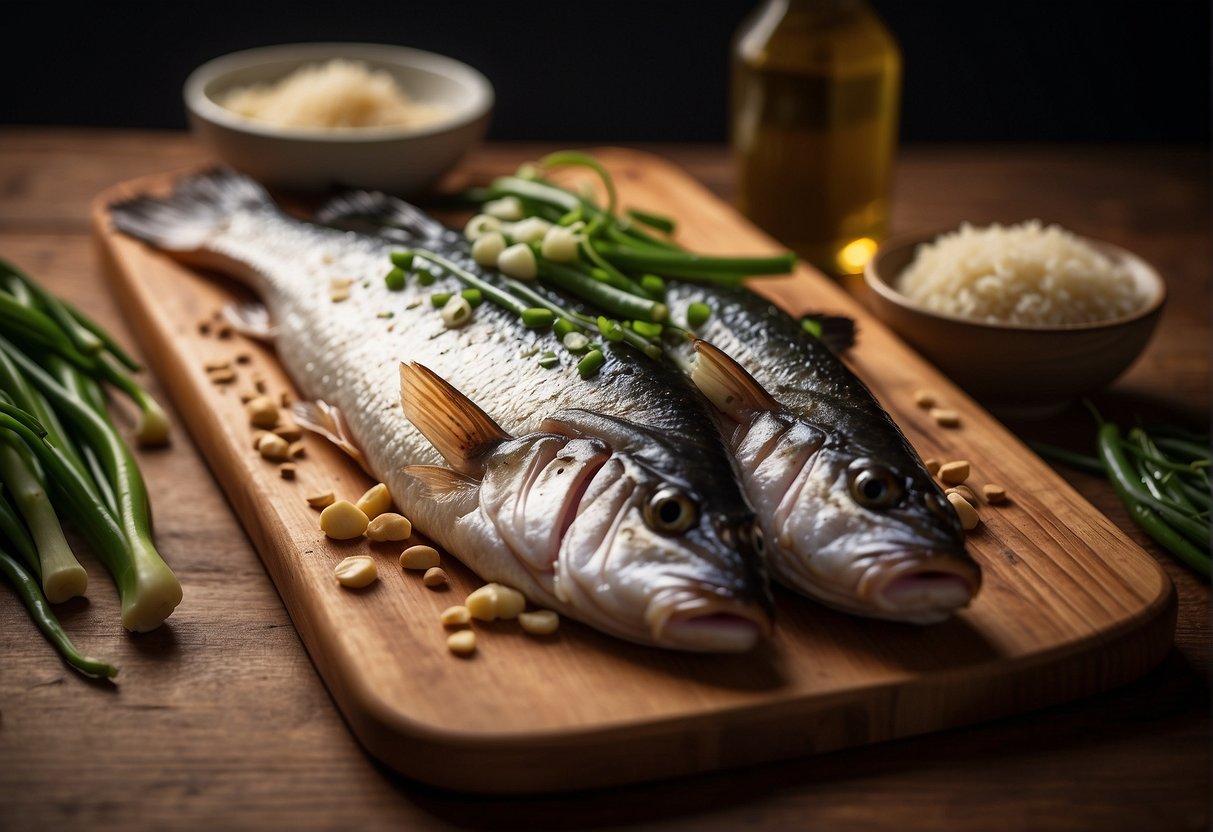 A hand reaching for fresh sea bass, ginger, soy sauce, and green onions on a wooden cutting board