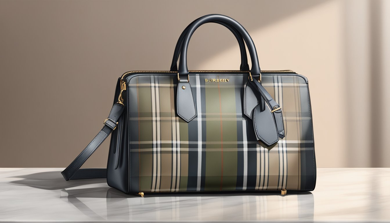 A sleek Burberry bag sits on a marble countertop, casting a shadow in the soft light. The iconic plaid pattern and luxurious leather exude elegance