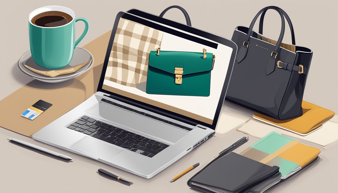A laptop displaying a variety of Burberry bags on an online shopping website, with a credit card and a cup of coffee nearby