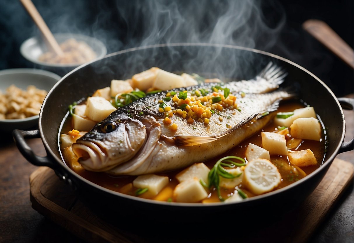 Sea bass in a wok with ginger, garlic, soy sauce, and cooking wine. Steam rising, rich aroma