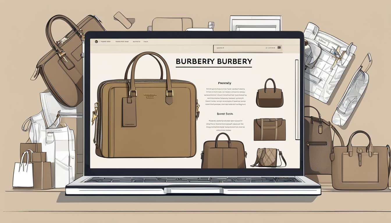 A laptop open to a webpage with "Frequently Asked Questions buy burberry bags online" displayed, surrounded by various Burberry bag designs