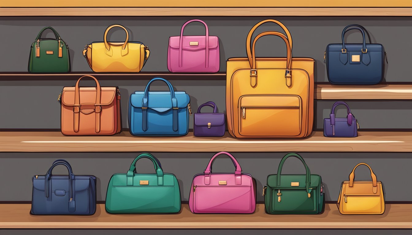 Various UK bag brands displayed on shelves, with colorful designs and varying sizes. The bags are arranged neatly, showcasing the diversity of styles available