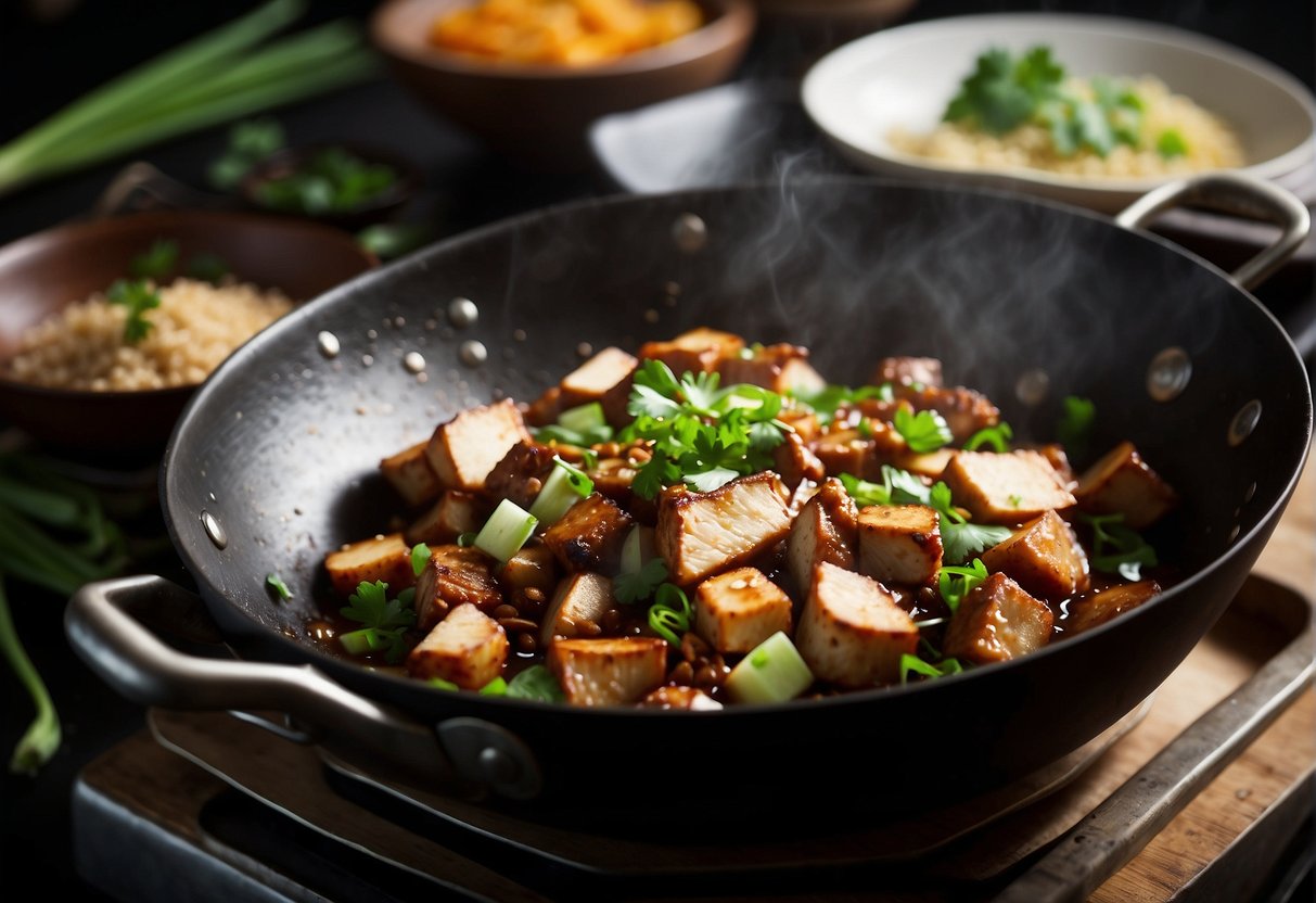 A wok sizzles with soy sauce, ginger, and star anise, as chunks of tender pork and tofu simmer in a rich, aromatic braising liquid. Green onions and cilantro wait to be sprinkled on top