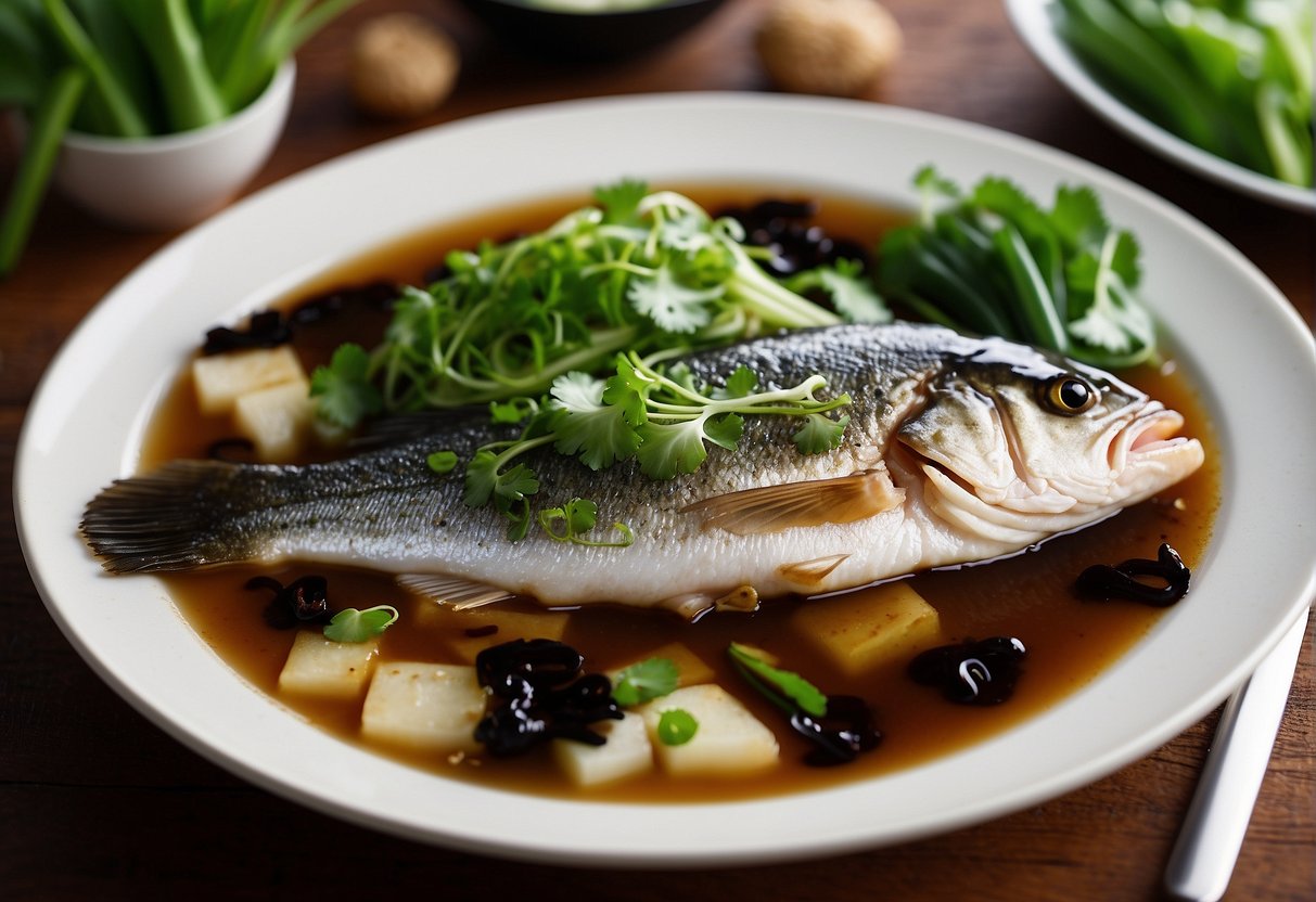 A whole sea bass sizzling in a fragrant broth of soy sauce, ginger, and star anise, surrounded by vibrant green bok choy and garnished with fresh cilantro