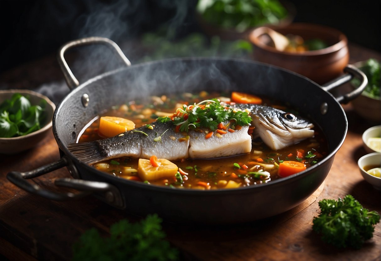A steaming pot of Chinese braised sea bass surrounded by aromatic spices and herbs, simmering in a rich, savory sauce