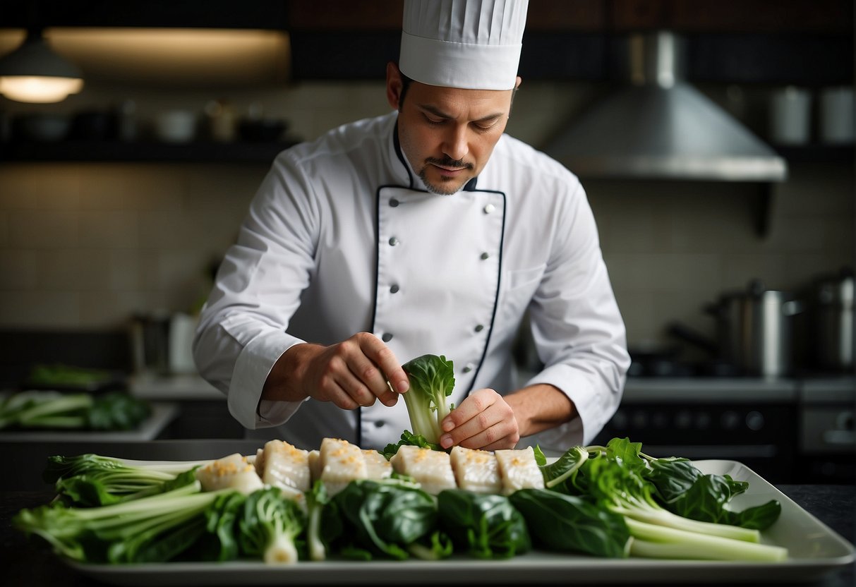 The chef carefully arranges the braised sea bass on a bed of vibrant green bok choy, garnishing with a sprinkle of sesame seeds and a drizzle of savory sauce