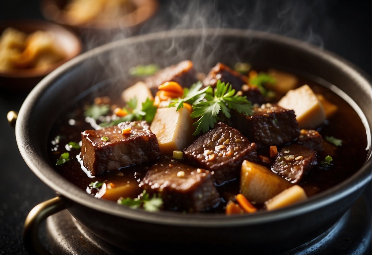 A pot of simmering soy sauce, ginger, and spices infusing tender chunks of braised meat, releasing a rich aroma