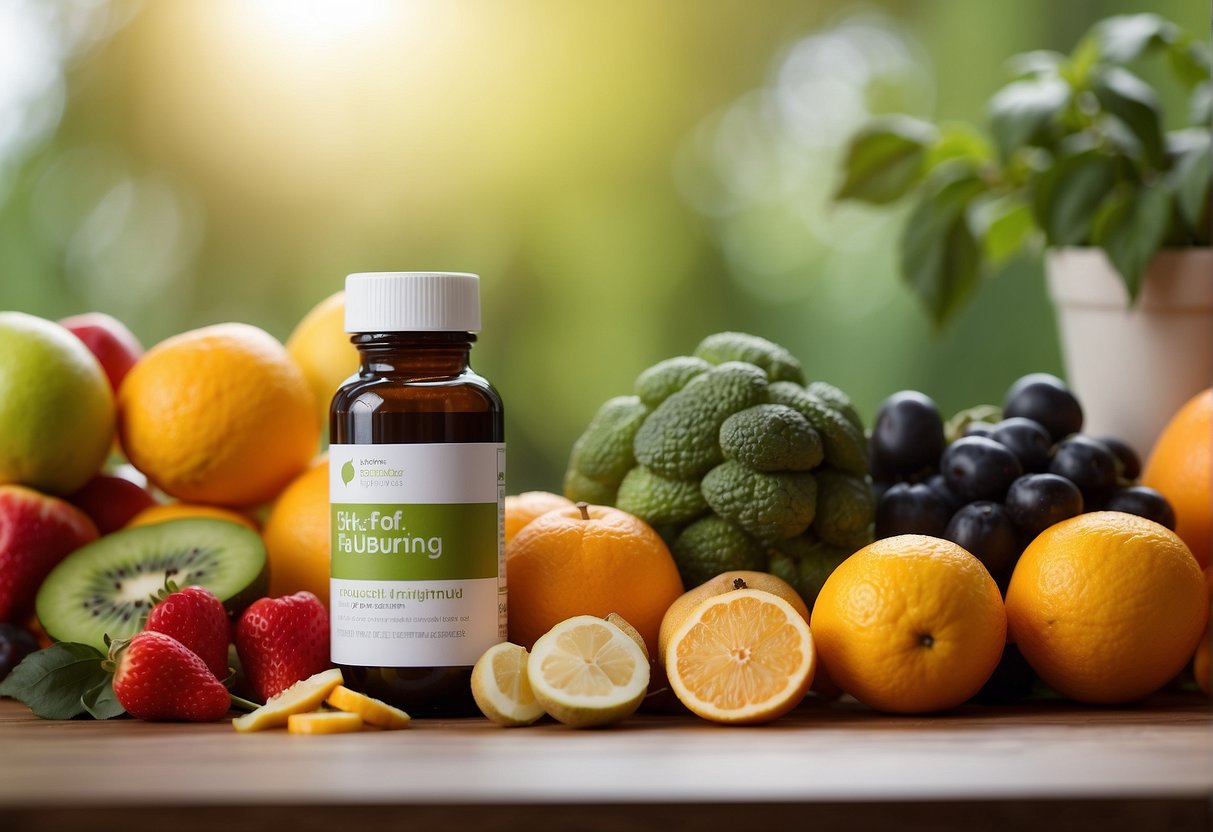 A bottle of fat-burning and appetite-suppressing weight loss supplements surrounded by fresh fruits and vegetables