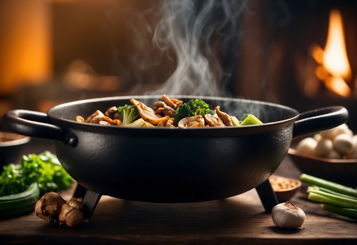 A wok sizzles with soy sauce, ginger, garlic, and star anise. A whole duck simmers in the fragrant liquid, surrounded by shiitake mushrooms and bok choy