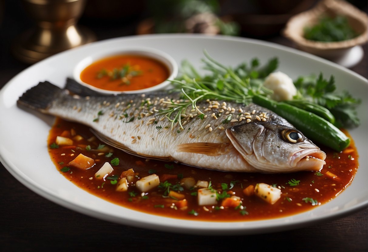 A whole sea bass simmering in a rich, savory Chinese braising sauce, surrounded by aromatic spices and herbs