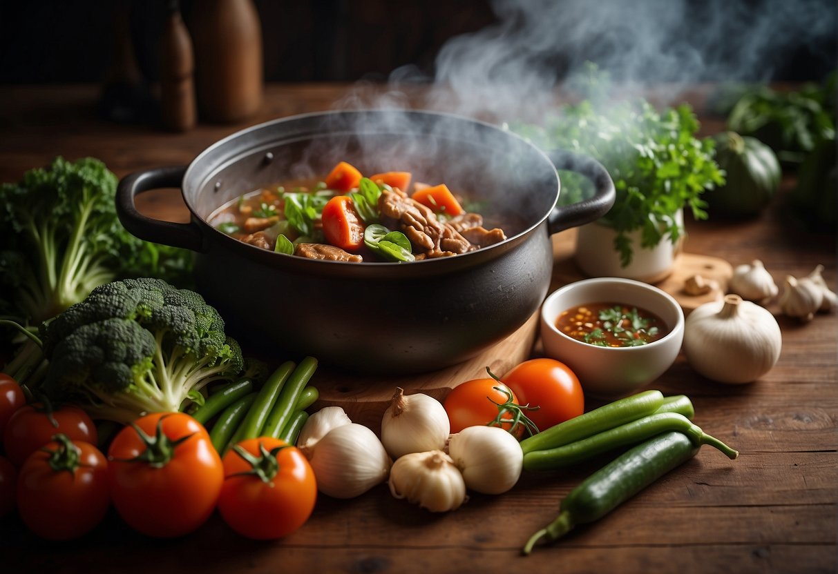 A steaming pot of Chinese braised recipe surrounded by fresh vegetables and herbs on a wooden table