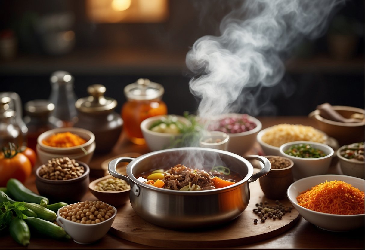 A steaming pot of Chinese braised ingredients, surrounded by various spices and condiments on a kitchen counter
