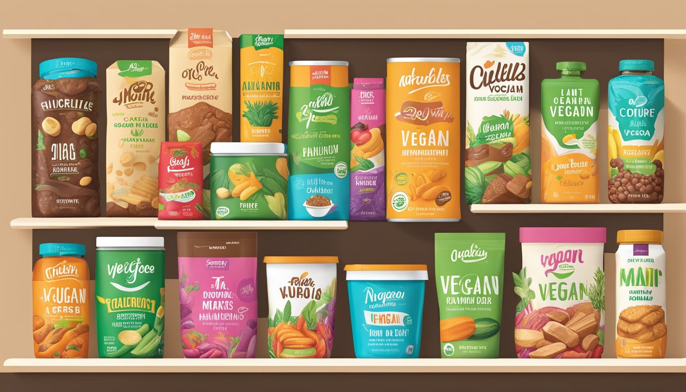 A colorful array of vegan brand names adorns the shelves, with vibrant logos and sleek packaging catching the eye. A variety of products, from plant-based meats to dairy-free desserts, showcase the diversity of the vegan market
