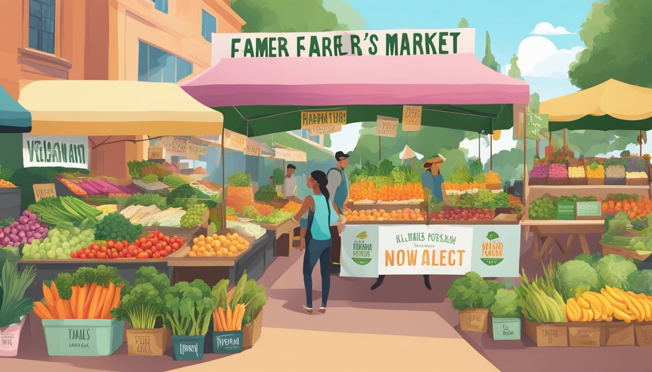 A vibrant farmer's market with colorful signage and banners displaying various vegan brand names. Tables are filled with plant-based products and samples