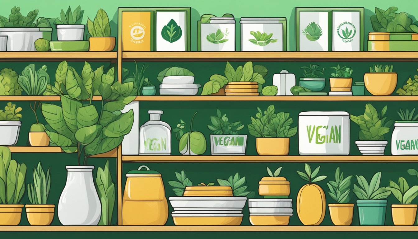 Vegan brand logos displayed on shelves, surrounded by lush green plants and natural elements. Bright, clean, and modern aesthetic