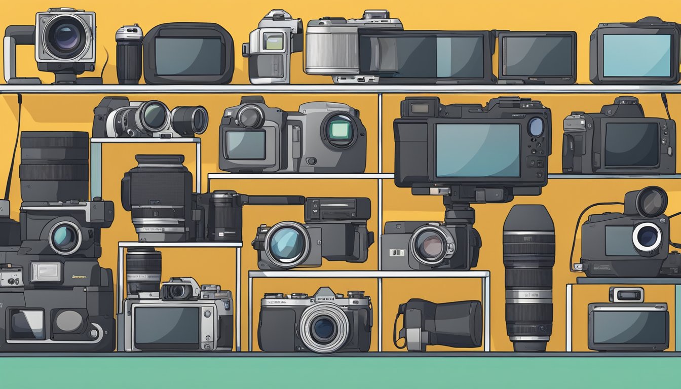 Various video camera brands arranged on a shelf, with different sizes, shapes, and colors. Some cameras have lenses extended, while others are compact and sleek