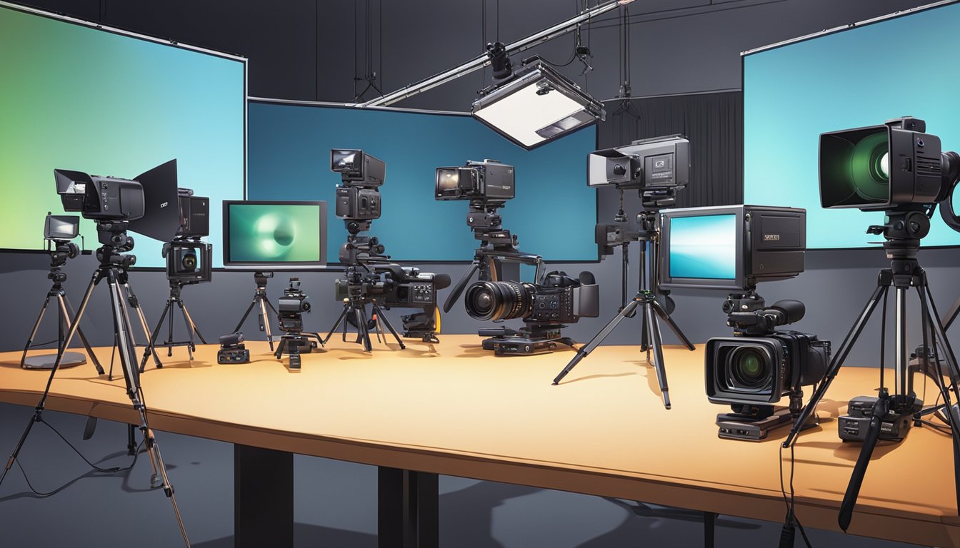 A table with various video camera brands displayed, surrounded by bright studio lights and a backdrop of professional video equipment