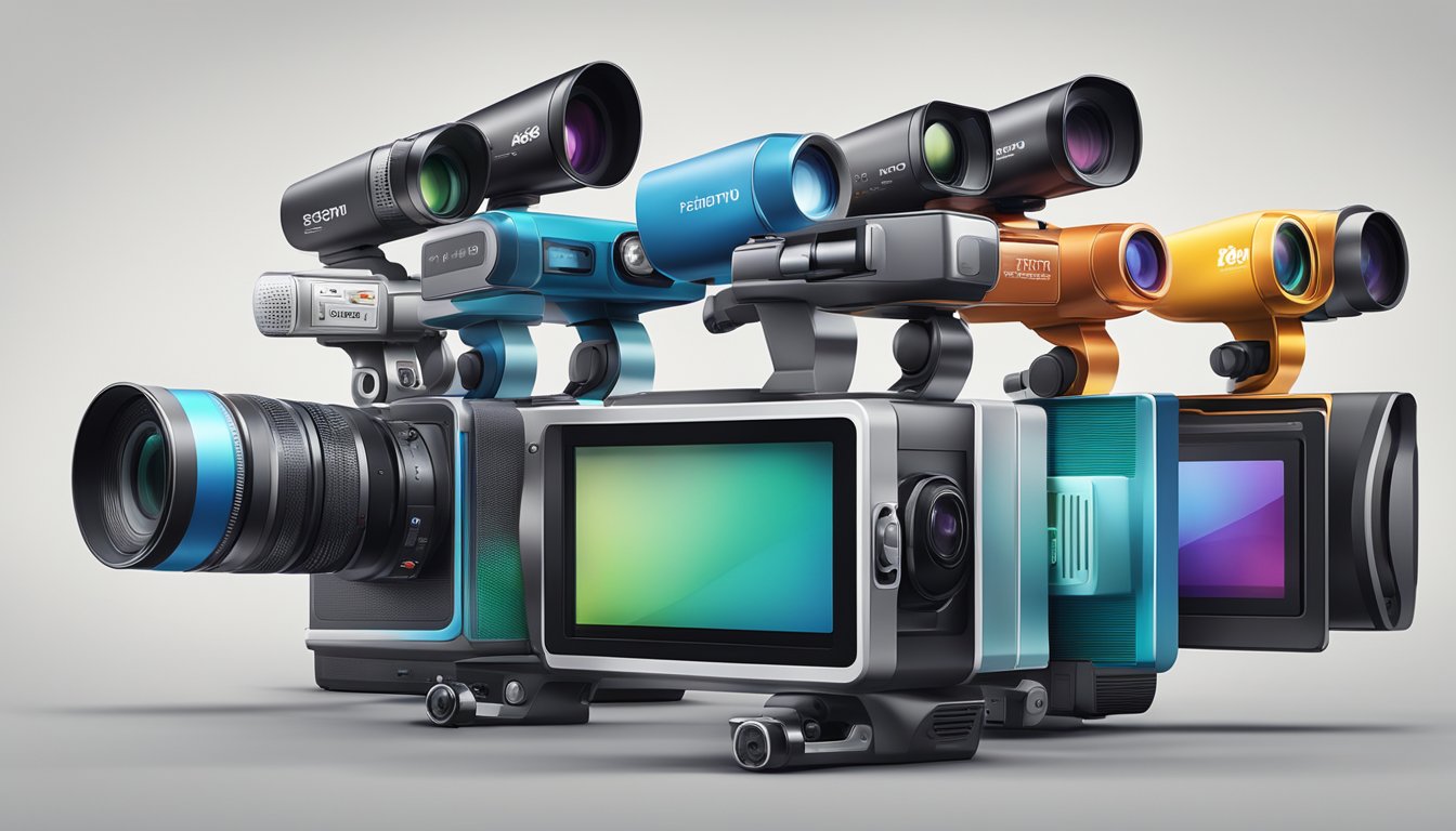 A row of sleek video cameras on display, with various brand logos prominently featured