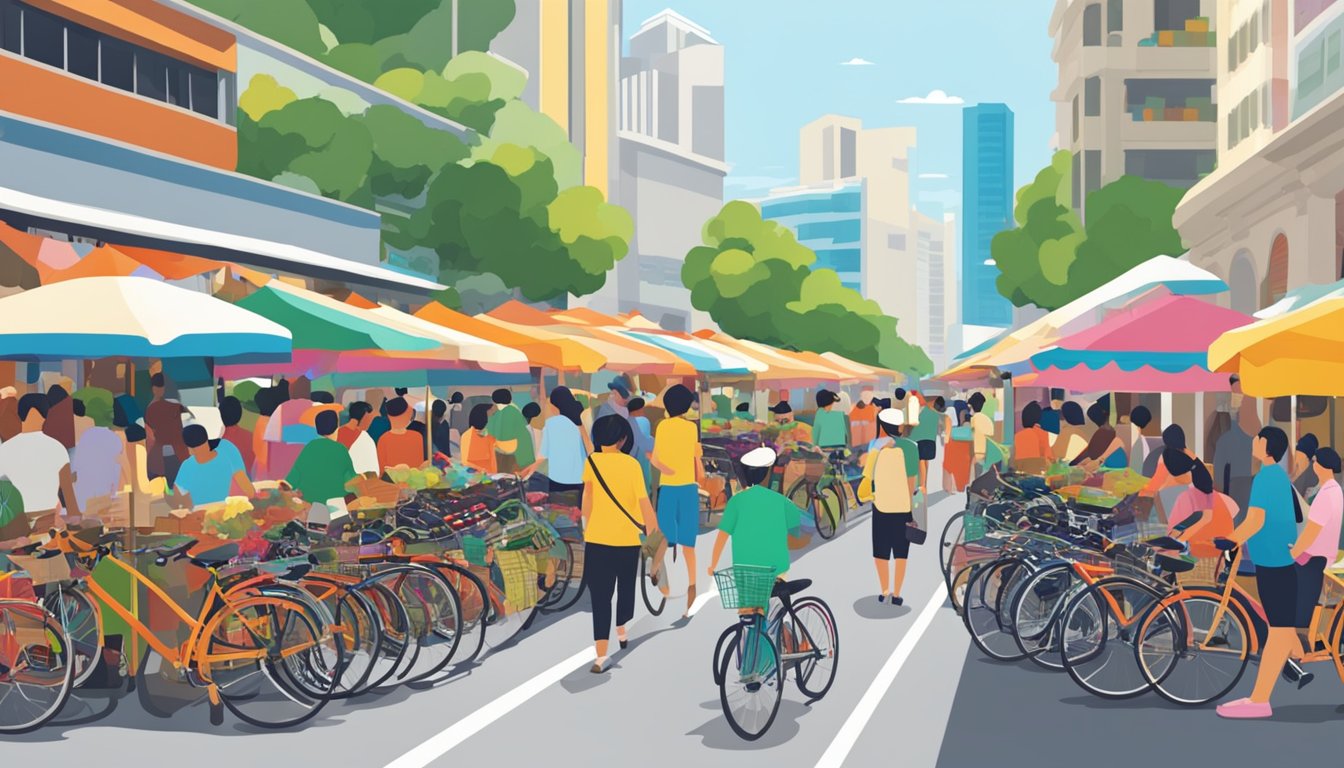 A bustling street market in Singapore, with rows of colorful bicycles on display. Signage advertises "Affordable Bikes" in bold letters. People browse the selection, vendors call out prices