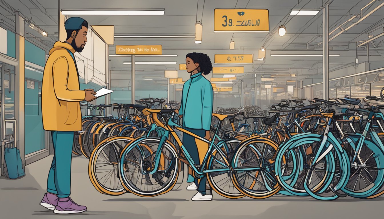 A person standing in front of a row of bicycles, examining different models and features, with a sign that says "Selecting the Right Bike for Your Needs" in the background