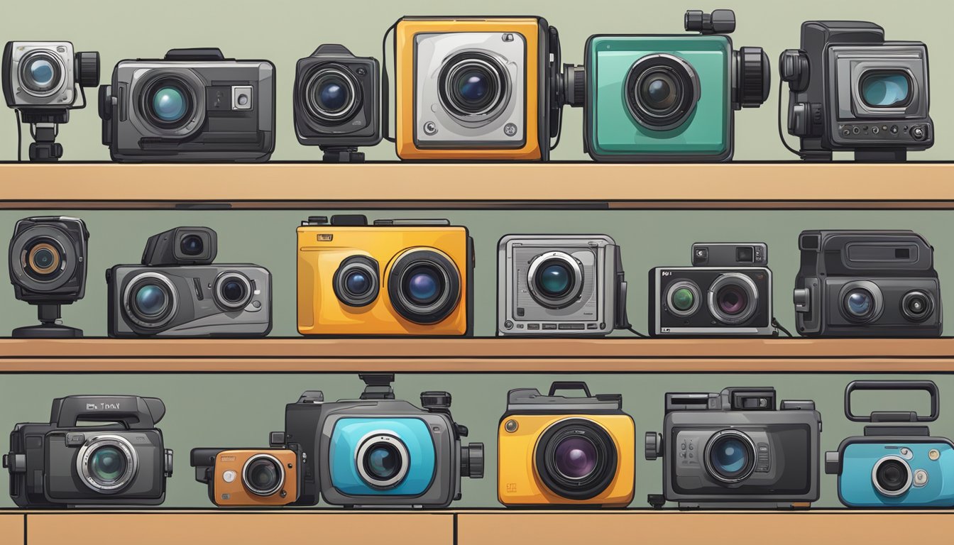 A lineup of popular video camera brands displayed on shelves with FAQ signs above each one