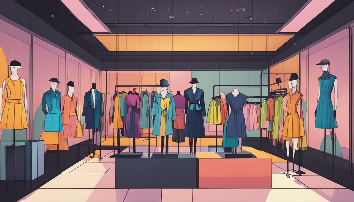 A colorful array of clothing from lesser-known fashion brands, displayed in a dimly lit boutique. Mannequins adorned in unique, avant-garde designs catch the eye