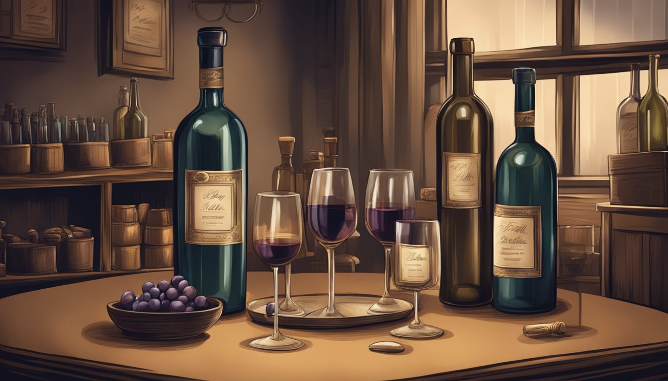 A table adorned with vintage wine bottles and elegant labels. A dimly lit room with a cozy atmosphere, creating a sense of nostalgia and sophistication
