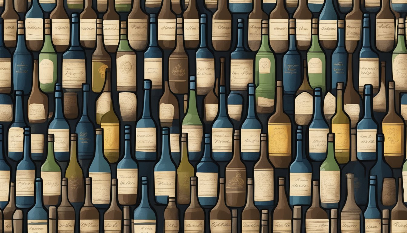 A dimly lit cellar filled with rows of dusty vintage wine bottles, each bearing unique and weathered labels from decades past