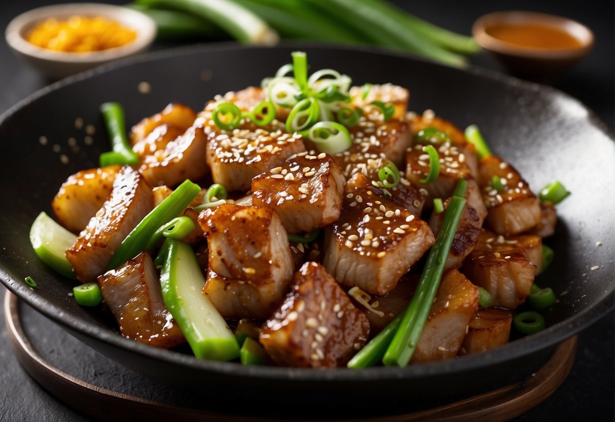 A wok sizzles with marinated pork slices, stir-frying with garlic, ginger, and soy sauce. Green onions and sesame seeds garnish the dish