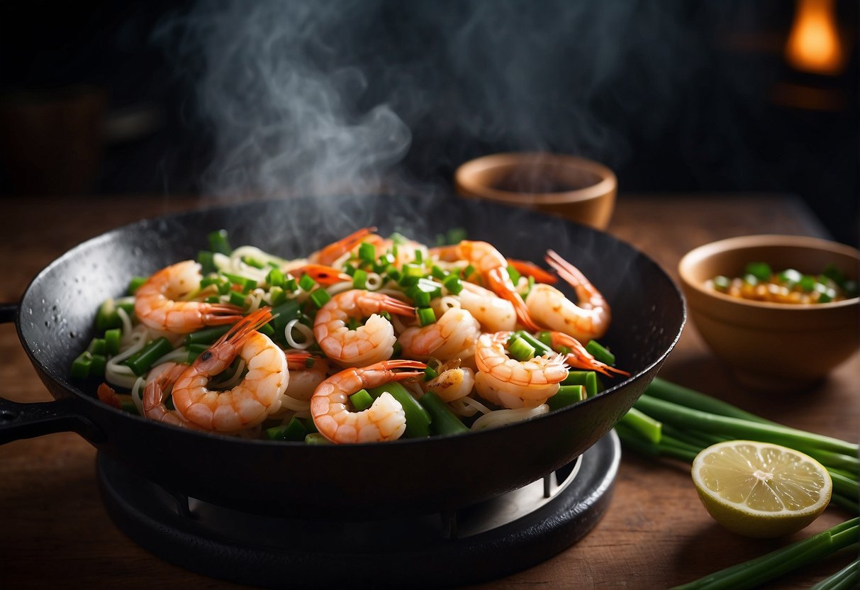 A wok sizzles with plump prawns, ginger, and garlic. Soy sauce and green onions add color to the dish