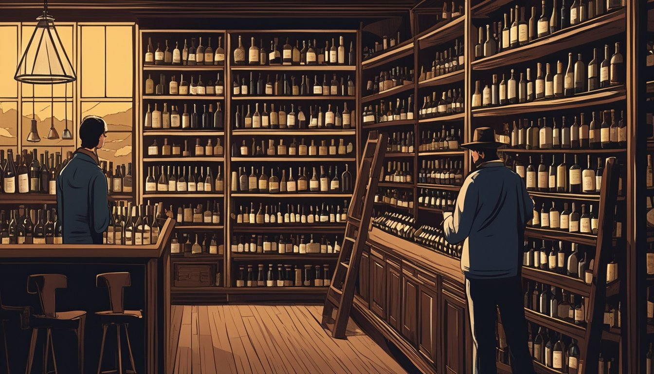 Customers browsing shelves of vintage wine bottles, some with elegant labels, in a dimly lit, cozy wine shop. A knowledgeable staff member assists a customer in selecting a bottle