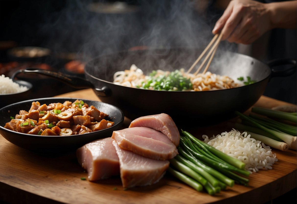 A table with fresh pork, soy sauce, ginger, garlic, and green onions. A wok sizzling with oil, as a chef adds the ingredients