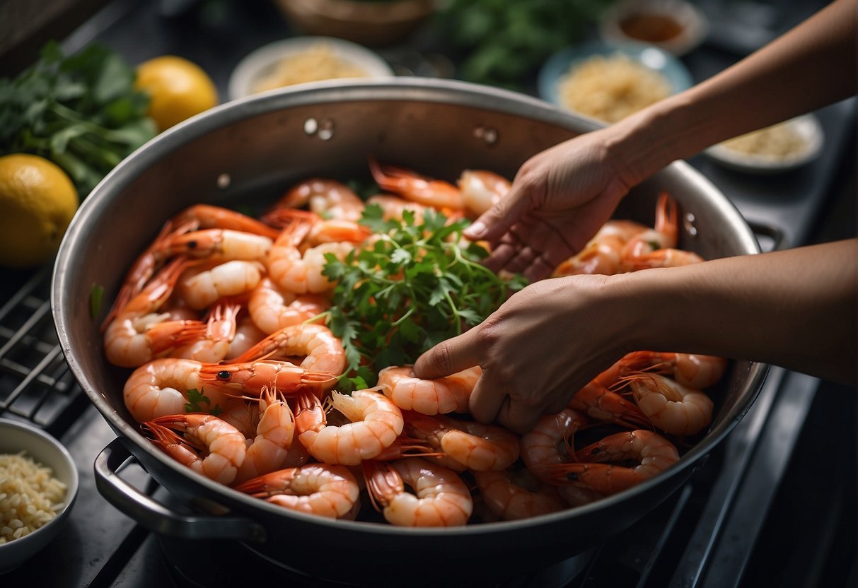 A hand reaches for fresh prawns, then cleans and prepares them for cooking in a traditional Chinese kitchen