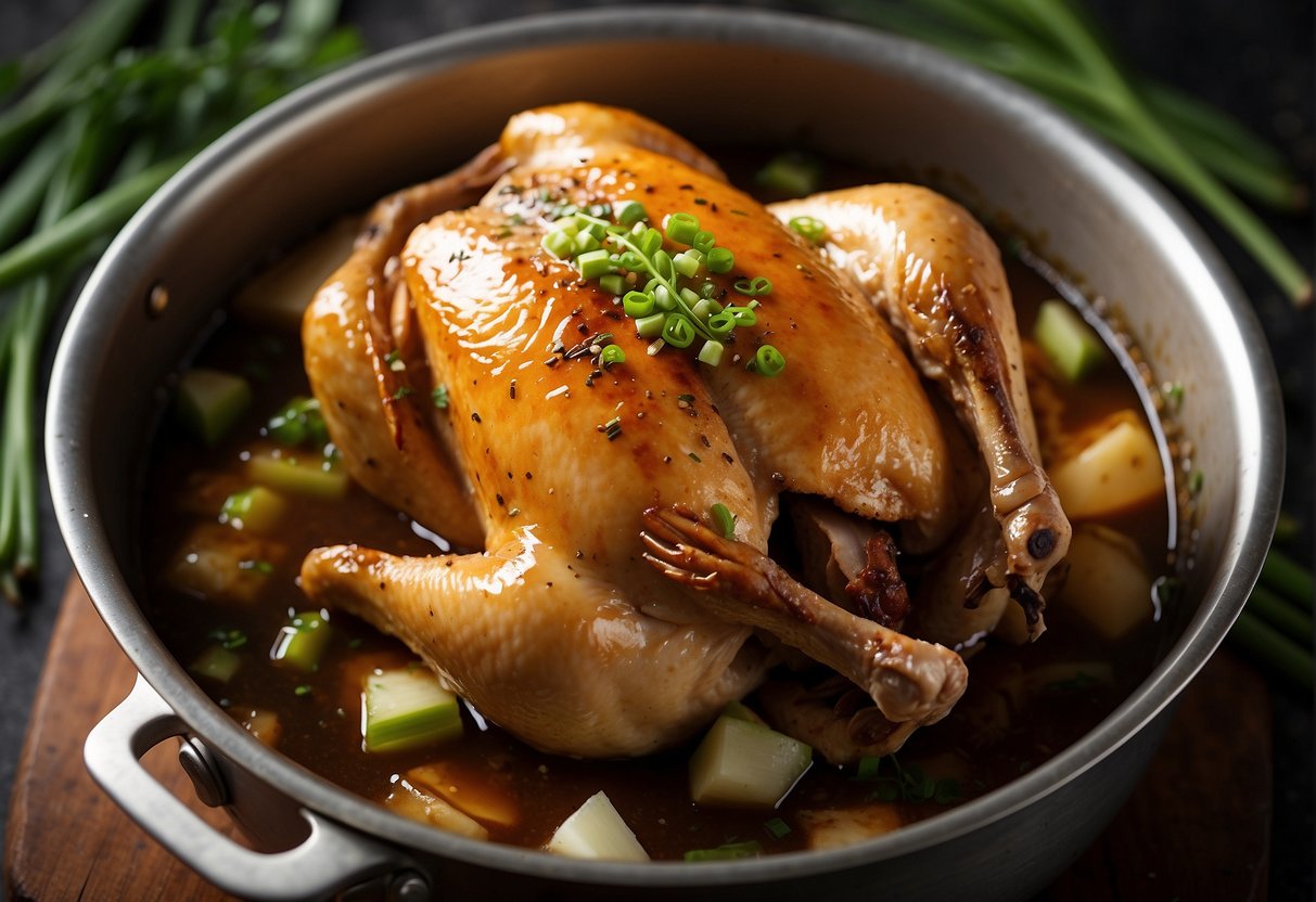 A whole chicken simmering in a rich, aromatic Chinese braising liquid, surrounded by star anise, ginger, and green onions