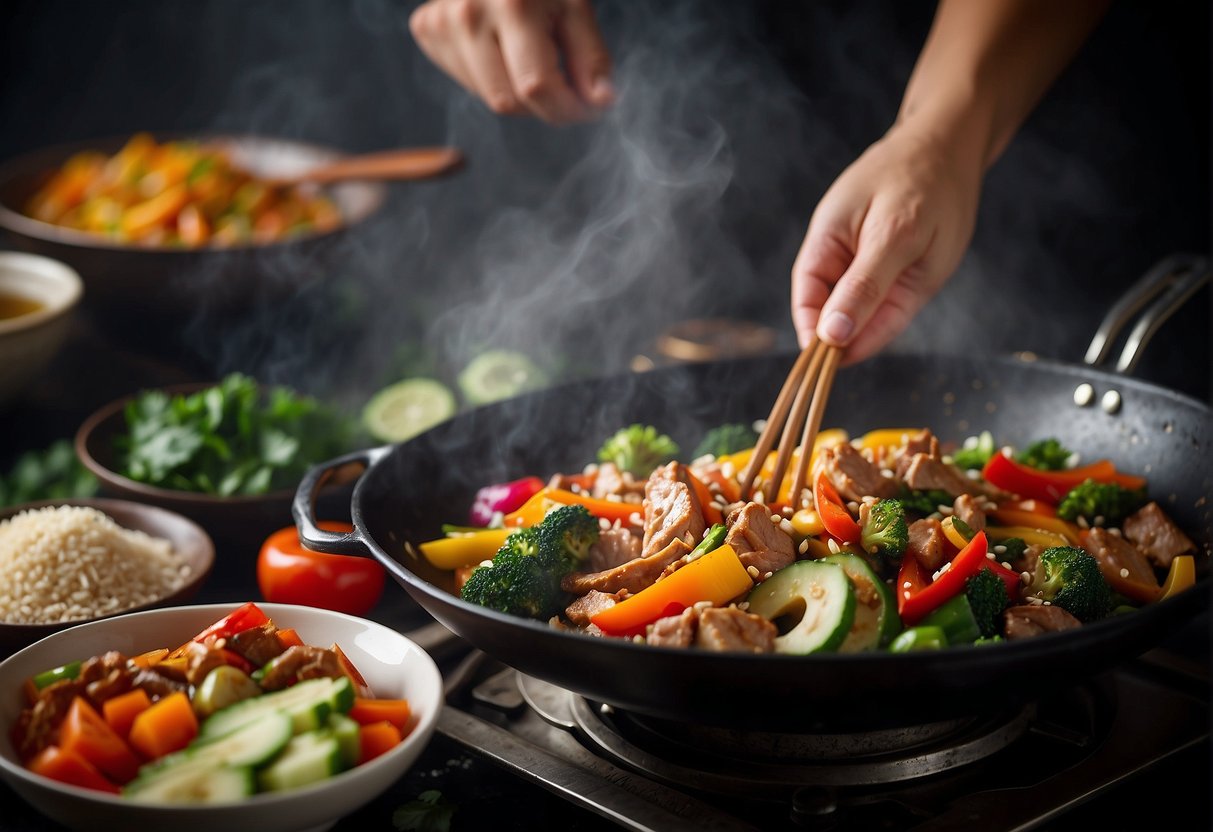 Sizzling pork stir-fry in a wok with colorful vegetables and aromatic spices. A chef's hand sprinkles sesame seeds over the dish