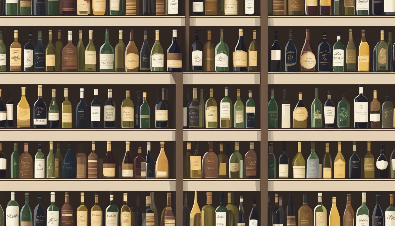 A shelf lined with vintage wine bottles, each labeled with a different brand. The bottles are arranged neatly, with elegant fonts and designs