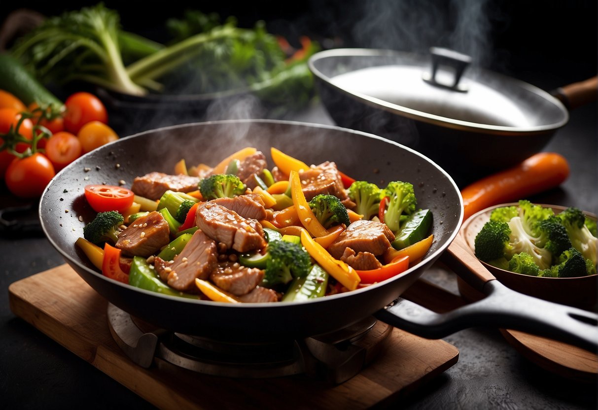 Sizzling pork stir-fry in a wok with vibrant vegetables and aromatic spices