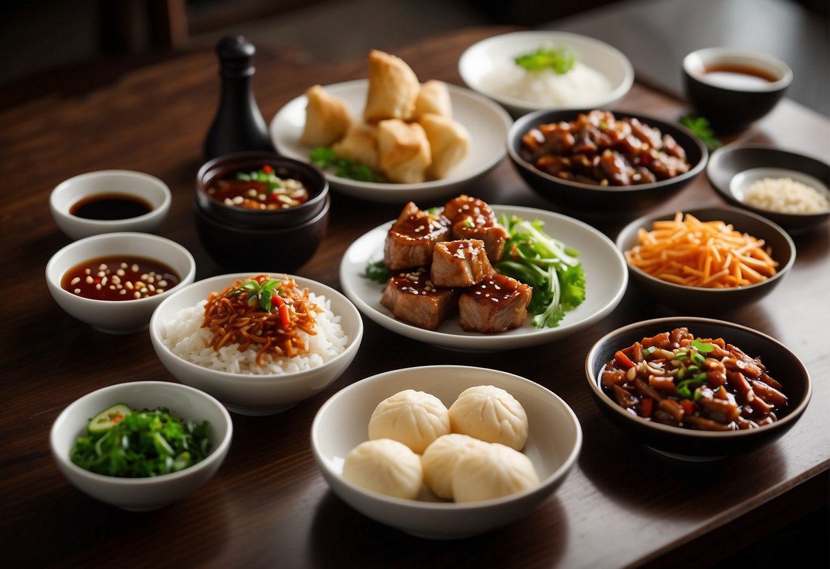 A table set with Chinese pork dishes, sides, and condiments. Plates of stir-fried pork, steamed buns, and bowls of soy sauce, hoisin, and chili paste