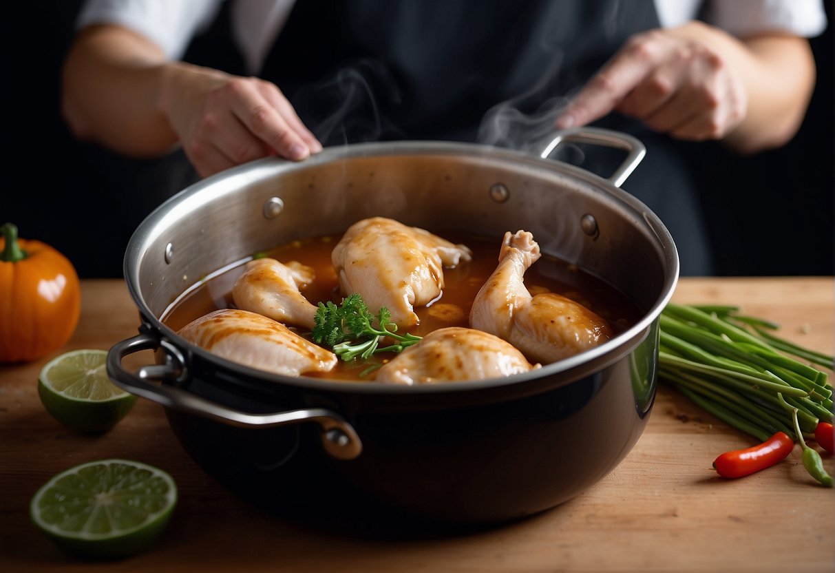 A whole chicken being marinated in soy sauce, ginger, and spices, then simmered in a pot with broth and vegetables until tender