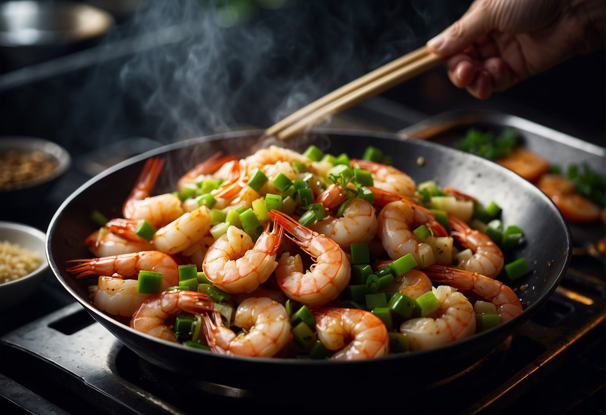 Prawns being stir-fried in a wok with garlic, ginger, soy sauce, and green onions