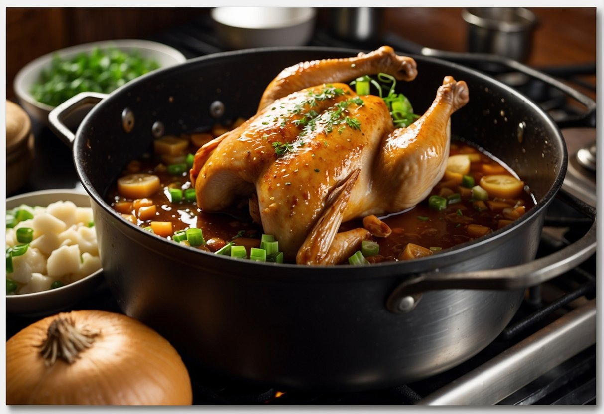 A whole chicken simmering in a rich, savory sauce in a large pot on a stove. Surrounding ingredients like ginger, garlic, and green onions