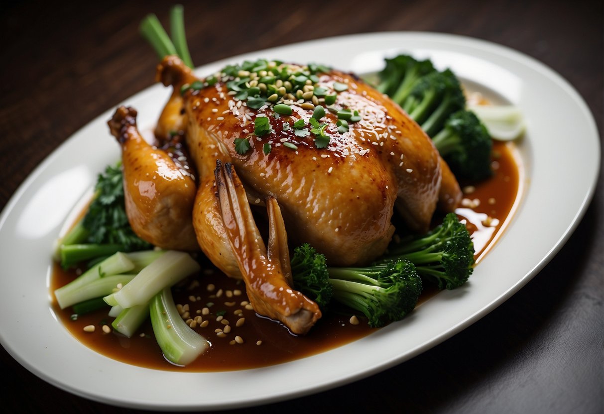 A whole braised chicken sits on a large platter, garnished with green onions and sesame seeds, surrounded by steamed bok choy and a savory sauce